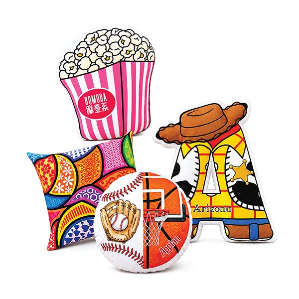 Custom shaped polyester throw pillows cut to popcorn, character and lettering outlines