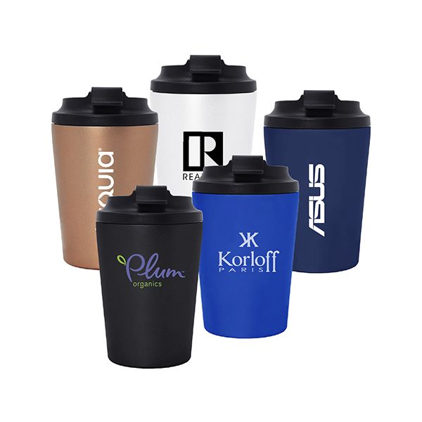 Five coffee-cup tumblers in copper, white, black, blue and navy with black flip lids, each printed with a logo.