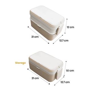 Dimension drawing of the two-tier lunch box, 21 x 12.7 x 12 cm when stacked and 21 x 12.7 x 9.1 cm in storage mode