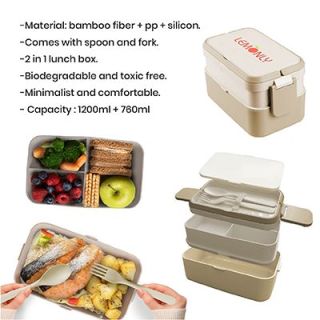 Feature sheet for the two-tier bamboo fibre lunch box listing material, cutlery, biodegradable build and capacity, with product photos