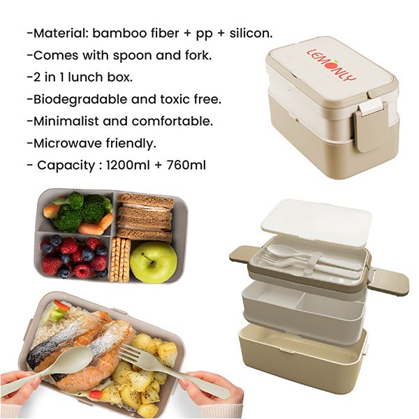 Feature sheet for the two-tier bamboo fibre lunch box listing material, cutlery, biodegradable build and capacity, with product photos