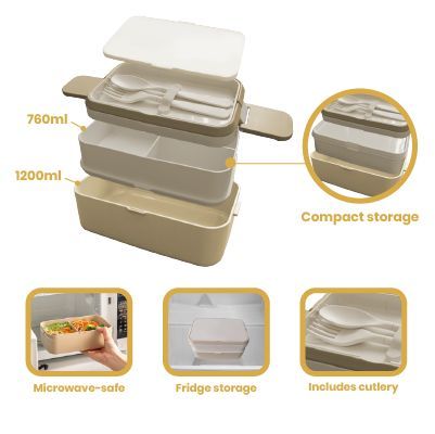 Exploded view of the two-tier lunch box showing the 760ml upper tier, 1200ml lower tier and cutlery slot, with microwave-safe, fridge storage and cutlery icons