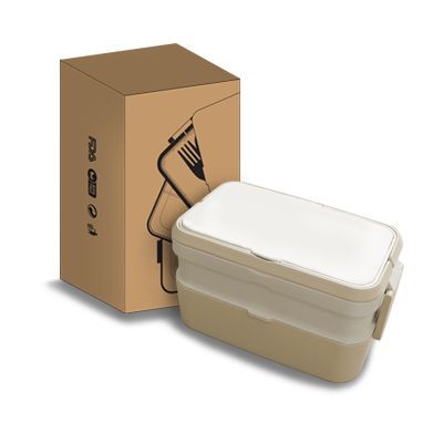 Two-tier bamboo fibre lunch box standing beside its brown kraft paper gift box