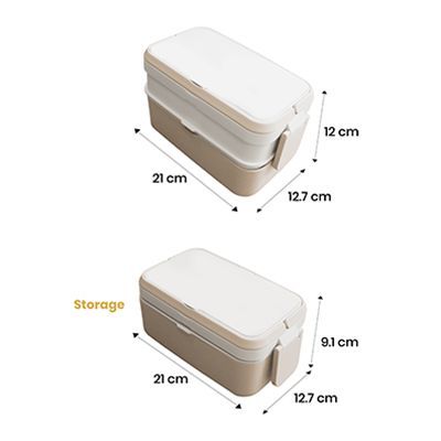 Dimension drawing of the two-tier lunch box, 21 x 12.7 x 12 cm when stacked and 21 x 12.7 x 9.1 cm in storage mode