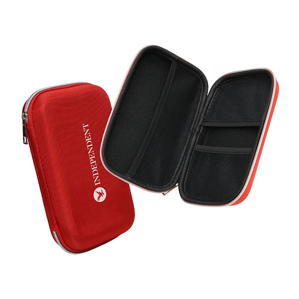 Red first aid hard case storage pouch in 600D oxford and EVA with soft interior and separated pockets, supplied empty for custom fills