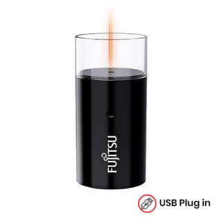 Black cylindrical aroma diffuser printed with a logo, a flame-shaped light glowing inside its clear top, captioned USB Plug in.