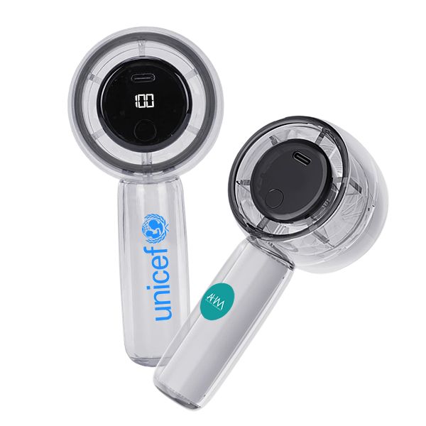 Two white handheld fans, one facing forward with a round display and a printed logo, the other turned to show its dark blade head.