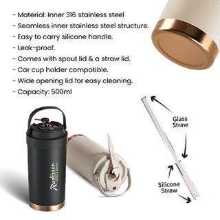 GOLD Dual Lid 316 S.Steel Bottle with Straw Handle - 500ml