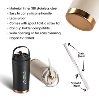 GOLD Dual Lid 316 S.Steel Bottle with Straw Handle - 500ml