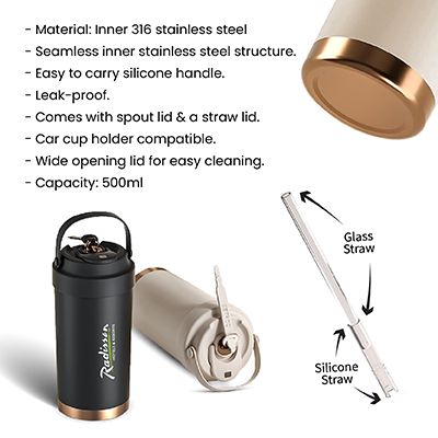 GOLD Dual Lid 316 S.Steel Bottle with Straw Handle - 500ml
