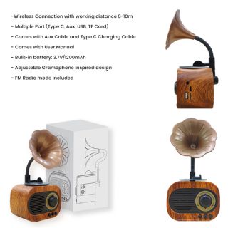 Gramophone Vintage Bluetooth Speaker with FM Radio - 1200mAh