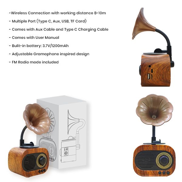 Gramophone Vintage Bluetooth Speaker with FM Radio - 1200mAh