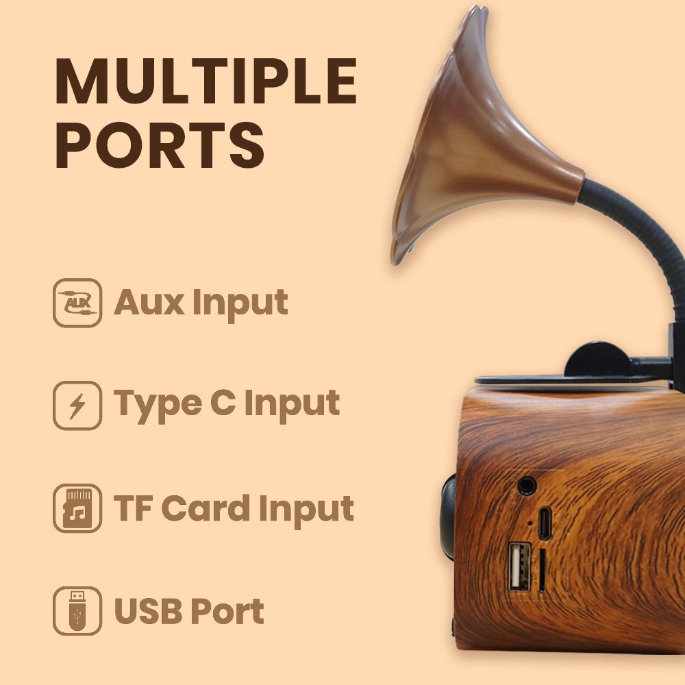 Gramophone Vintage Bluetooth Speaker with FM Radio - 1200mAh