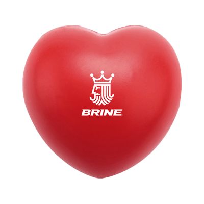 A red heart-shaped foam stress ball printed with a white logo on the front.