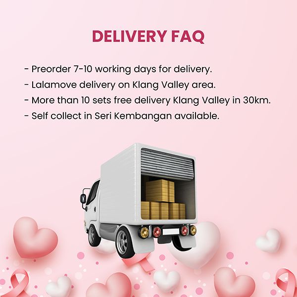 Delivery FAQ card for the gift set, listing preorder lead time, Klang Valley delivery and self collect