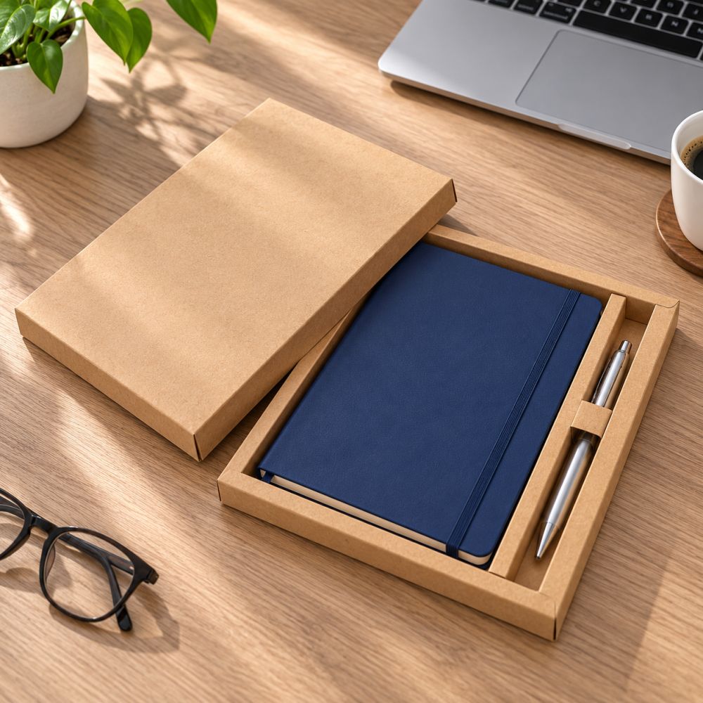 Kraft notebook gift box on a desk with the lid set aside, holding a navy A5 notebook and a silver pen in its own compartment