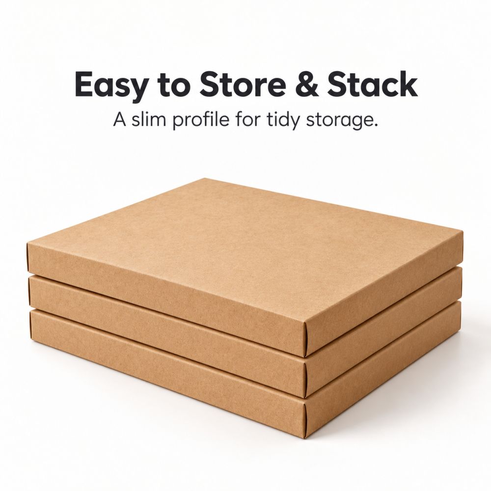 Three closed kraft notebook gift boxes stacked flat on top of one another