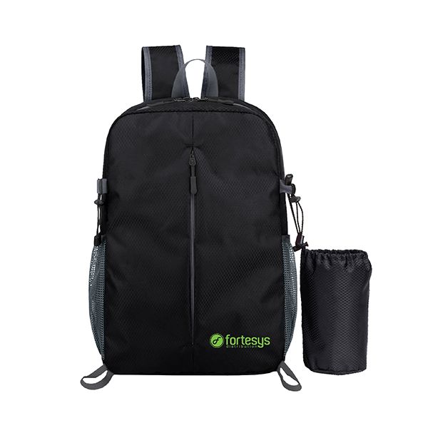 Black lightweight backpack with mesh side pockets and a bungee cord, with a matching drawstring bottle pouch beside it, printed with a logo.