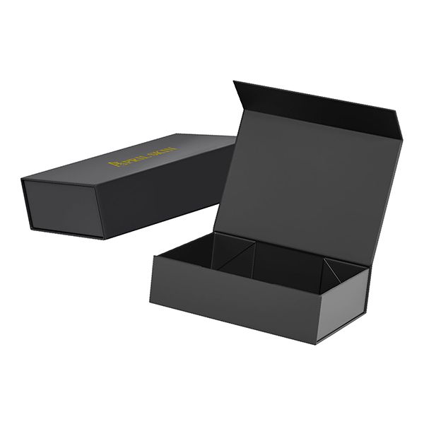 Dark grey magnetic lid gift box shown open, the lid standing behind the empty base