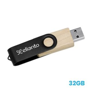 Wooden bodied USB flash drive with a black metal swivel arm turned back to expose the connector, printed with a logo, marked 32GB.