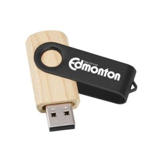Wood body turned out from a black clip printed with a logo, the silver connector at the bottom