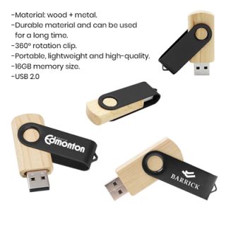 Metal Swivel Black Wooden USB Flash Drive - 16GB