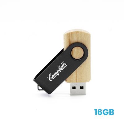 Wooden bodied USB flash drive with a black metal swivel arm turned out to show the connector, printed with a logo, marked 16GB.