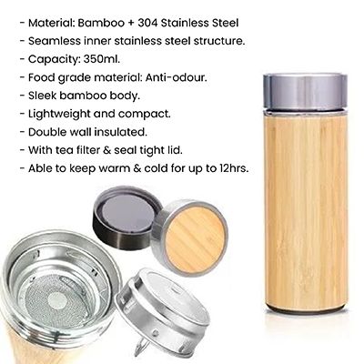 Mini Bamboo Premium Stainless Steel Thermos - 350ml