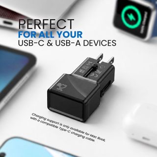 Device compatibility panel with the adapter shown alongside a phone, wireless earbuds and a smart watch.