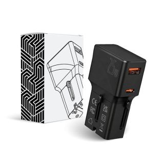 Black adapter displayed beside its patterned retail carton.
