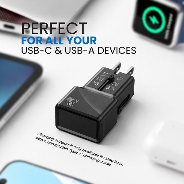 Device compatibility panel with the adapter shown alongside a phone, wireless earbuds and a smart watch.