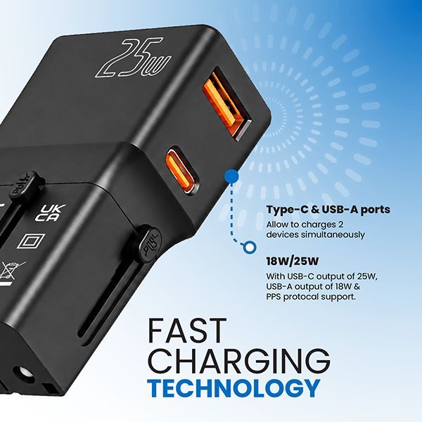 Charging panel calling out the Type-C and USB-A ports with 25W and 18W output figures.