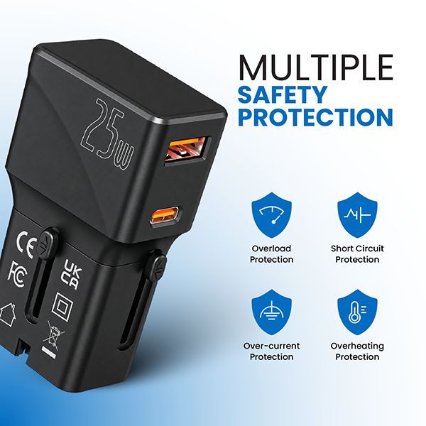 Protection panel with four shield icons covering overload, short circuit, over-current and overheating.