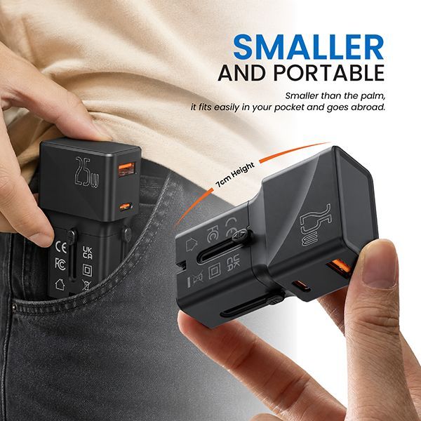Pocket sized adapter being tucked into a jeans pocket, with a hand holding the folded unit alongside.