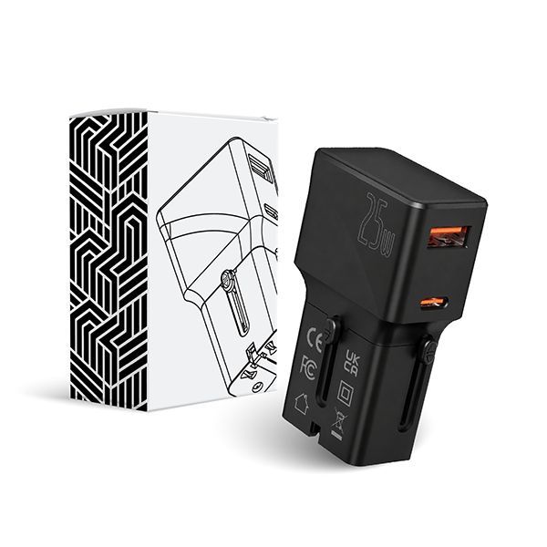 Black adapter displayed beside its patterned retail carton.