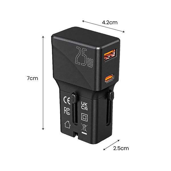 Measurement drawing of the adapter, 4.2cm across, 7cm high and 2.5cm front to back.