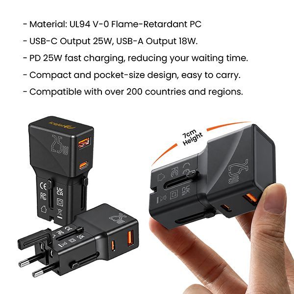 Specification list panel with material and output details and two angles of the black adapter.