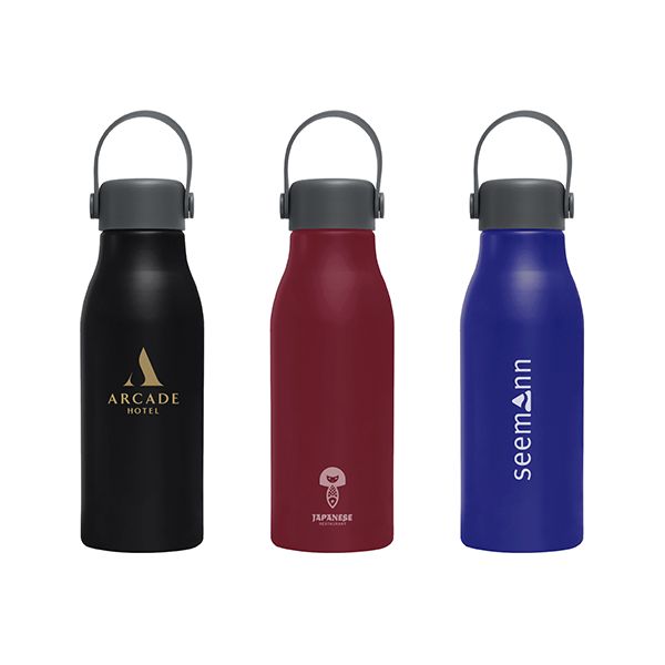 Three aluminium bottles in black, maroon and blue with grey lids and silicone carry straps, each printed with a logo.