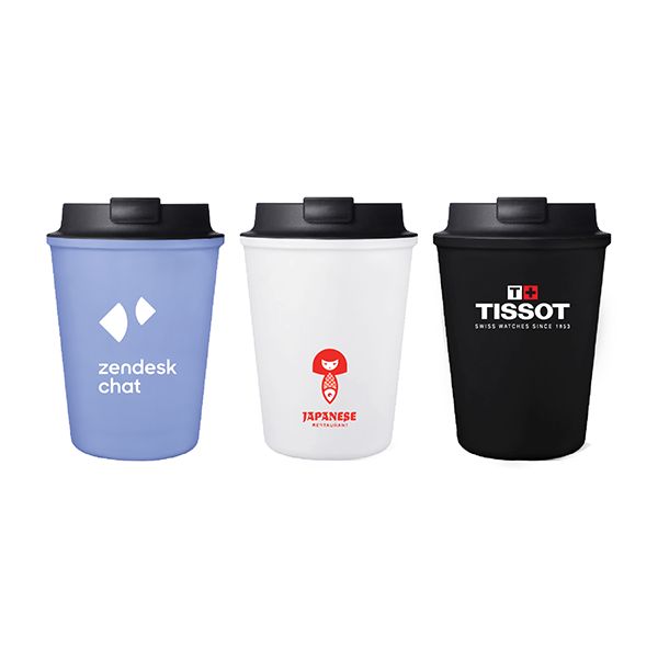 Three coffee-cup shaped mugs in periwinkle blue, white and black with black lids, each printed with a logo.
