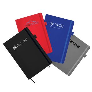 Four textured A5 notebooks angled apart in black, red, blue and grey, each with an elastic closure and a ribbon marker, printed with a logo.