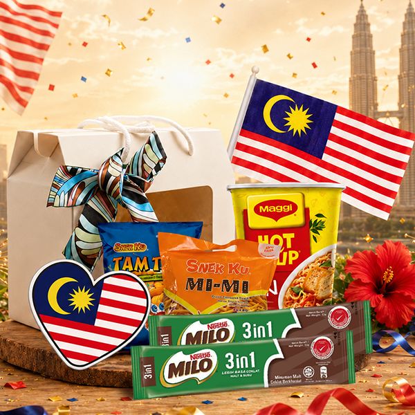 Kraft carton packed with local snack sachets and instant drink packs, flanked by Malaysian flags and a heart shaped flag card.
