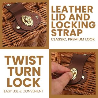 Brown leather strap and gold twist lock shown up close, captioned LEATHER LID AND LOCKING STRAP and TWIST TURN LOCK