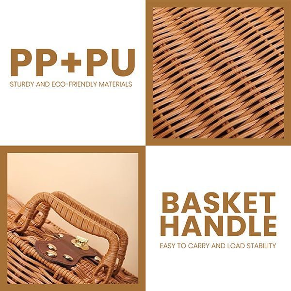 Close-ups of the woven texture and the carry handle, captioned PP+PU and BASKET HANDLE