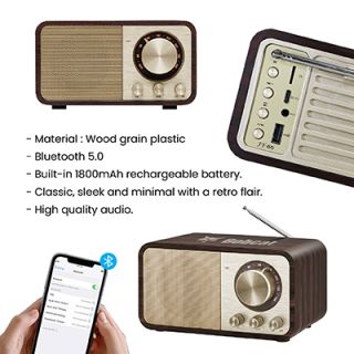 Retro Wooden Bluetooth Speaker with FM Radio - 1800mAh Battery