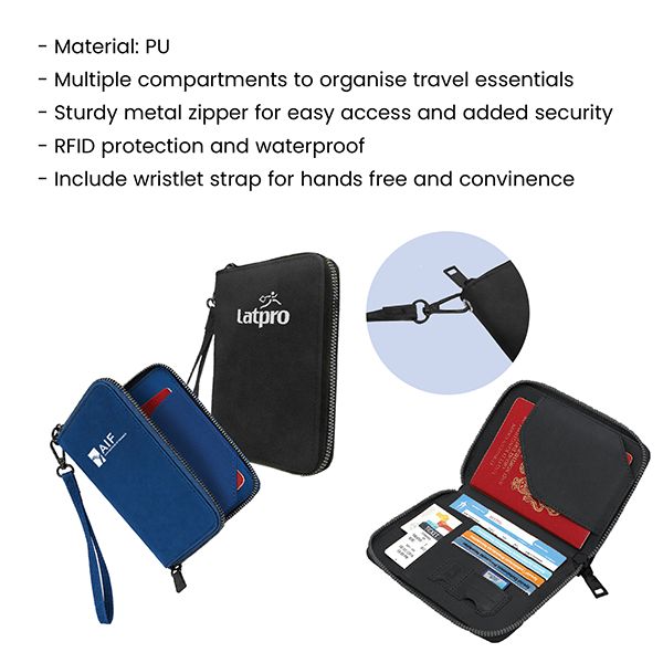 RFID Leather Travel Passport Cards Holder Zippered Strap