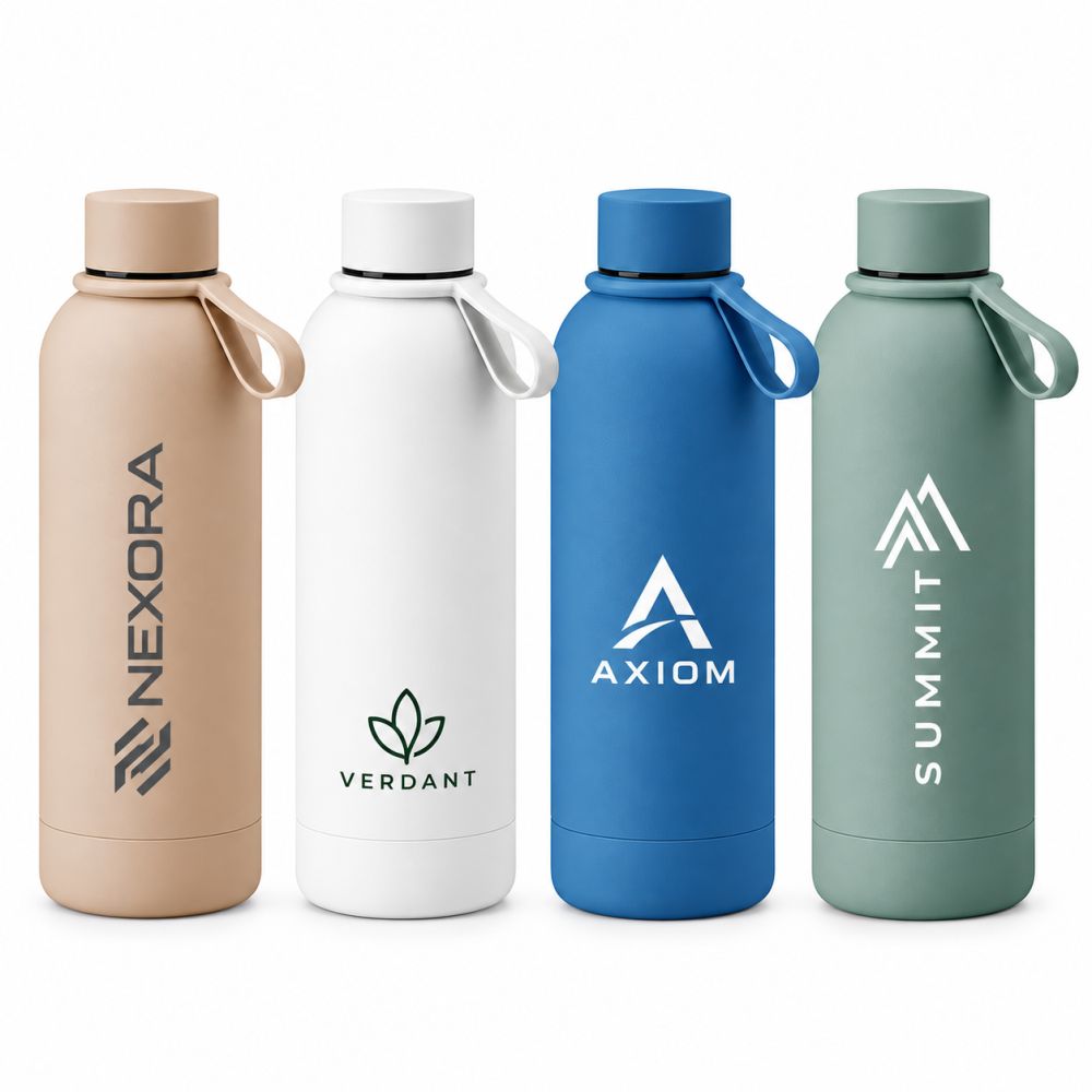 Four coated stainless steel bottles in beige, white, blue and sage green, each with a loop-topped screw cap and printed with a logo.