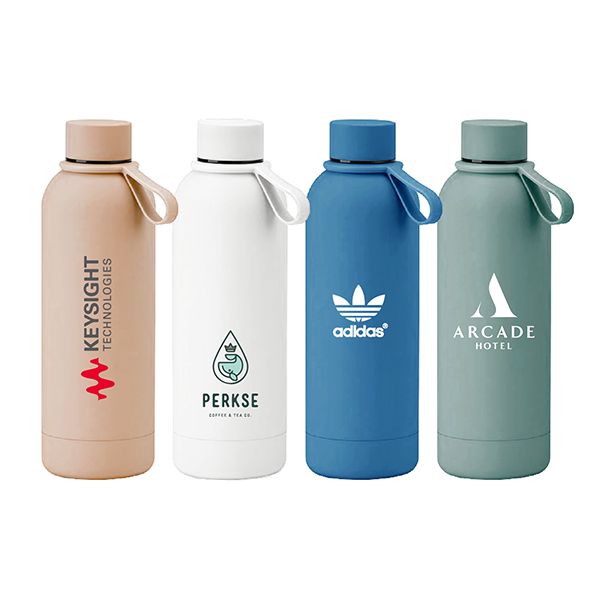 Four coated stainless steel bottles in beige, white, blue and sage green, each with a loop-topped screw cap and printed with a logo.