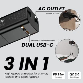 Universal travel adapter with AC outlet and dual USB-C ports, 3-in-1 charging diagram