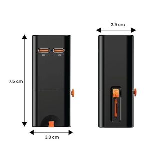 Universal travel adapter dimension diagram, 75 x 33 x 29mm