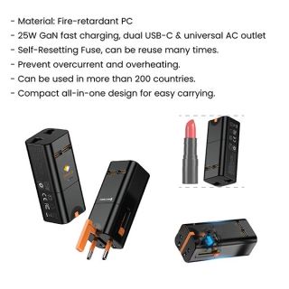 Universal travel adapter specification sheet with two adapters and a lipstick for scale
